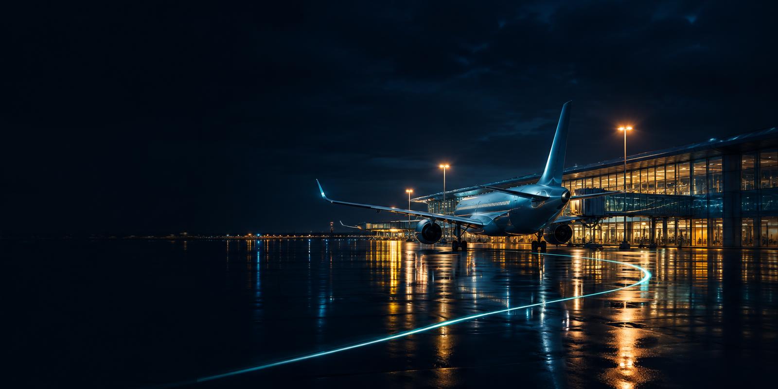 Passenger aircraft at a modern airport at night